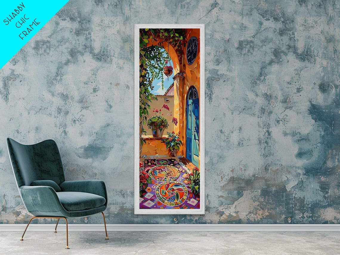 Spanish Courtyard Archway With Potted Plants Impasto Tile Door Poster - Image 2