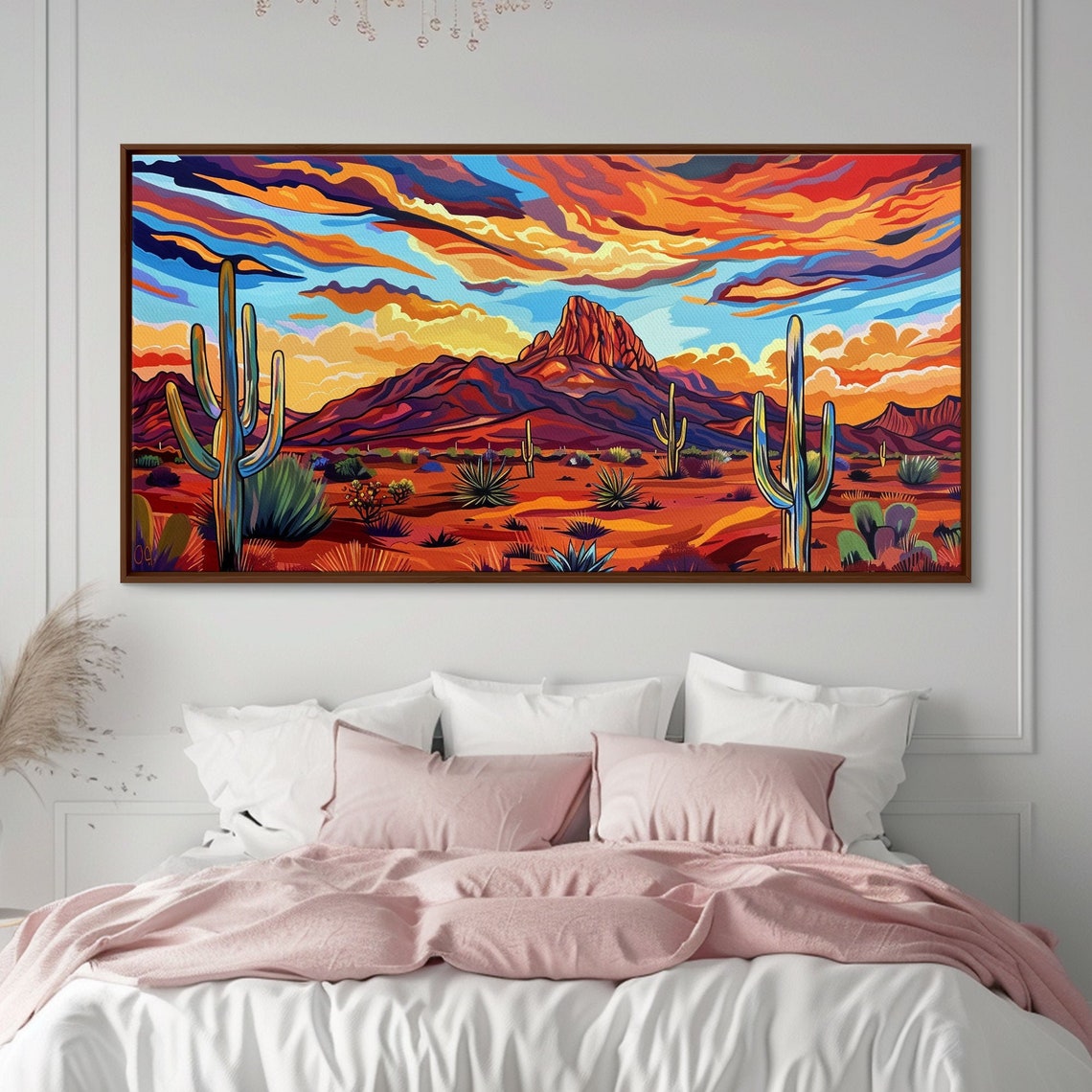 Saguaro Desert Sunset Red Rock Peak Dramatic Sky Stylized Art Poster - Image 2