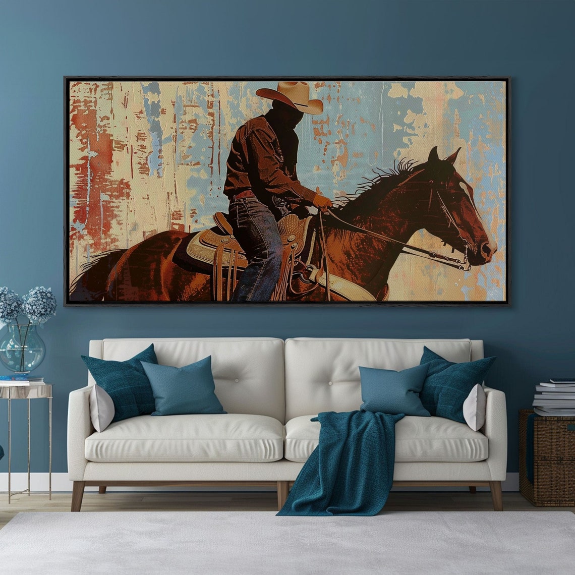 Silhouetted Cowboy On Horseback Abstract Rustic Western Art Poster - Image 2