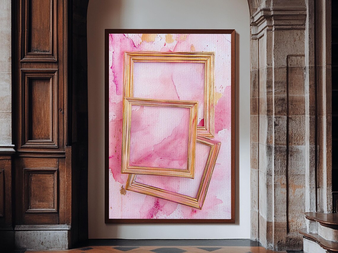 Golden Frames On Pink Watercolor Background Minimalist Wall Art Print - Image 2