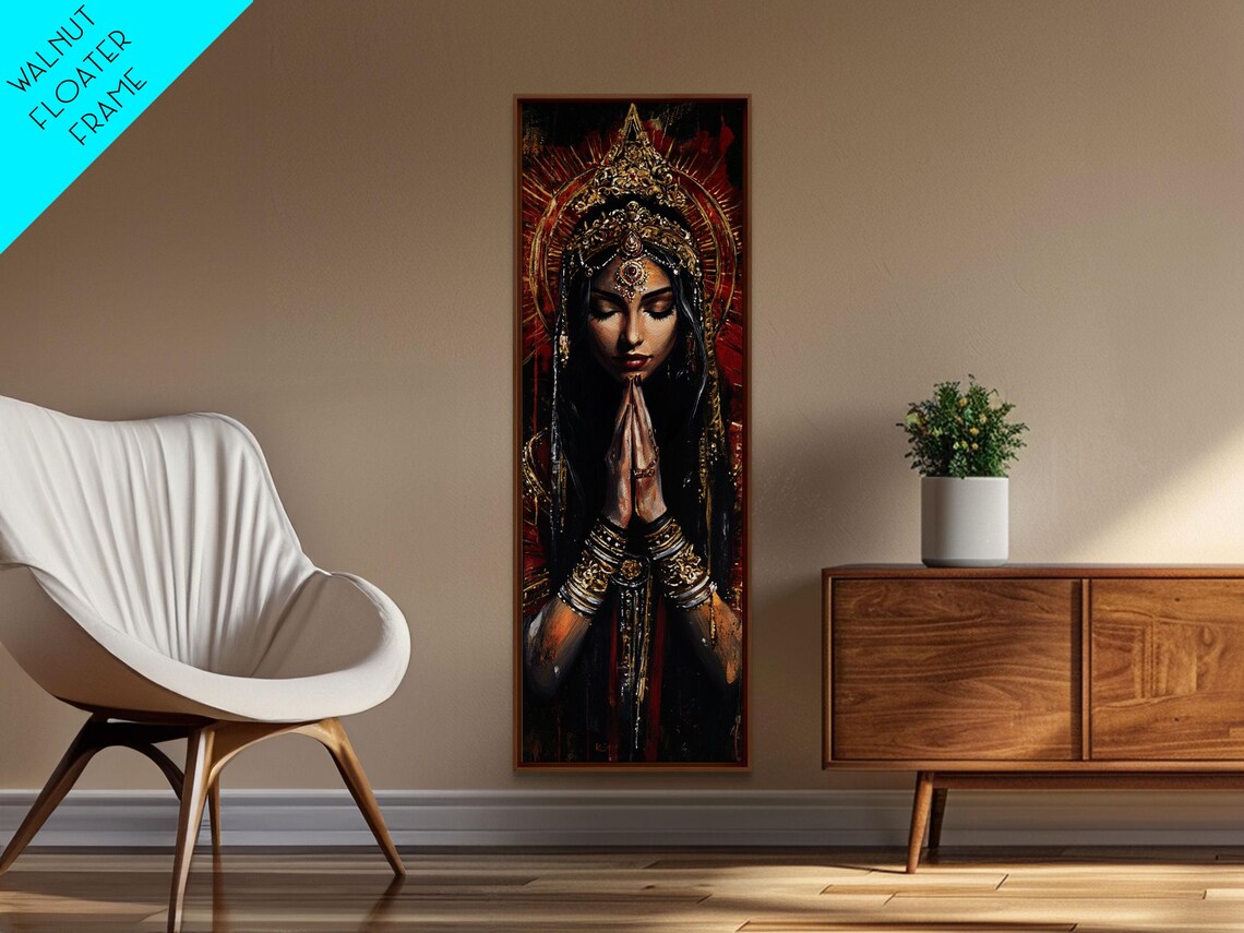 Indian Goddess Prayer Golden Halo Dark Red Ornate Art Poster - Image 4