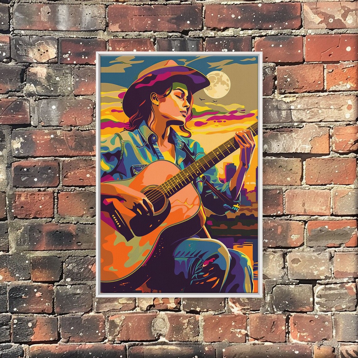 Cowgirl Playing Guitar Moon Colorful Pop Art Western Music Poster - Image 4