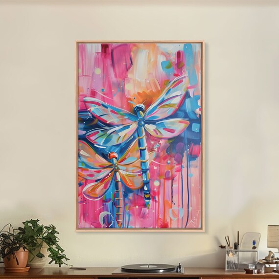 Vibrant Dragonflies In Abstract Background Framed Print Nature Inspired Art Colorful Insect Decor Living Room Wall Art
