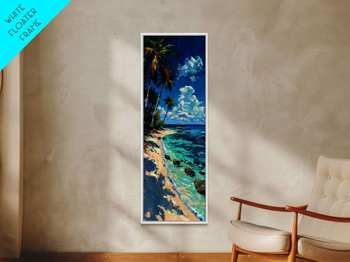 Rocky Tropical Beach Palm Trees Turquoise Cove Painting Print - Image 3