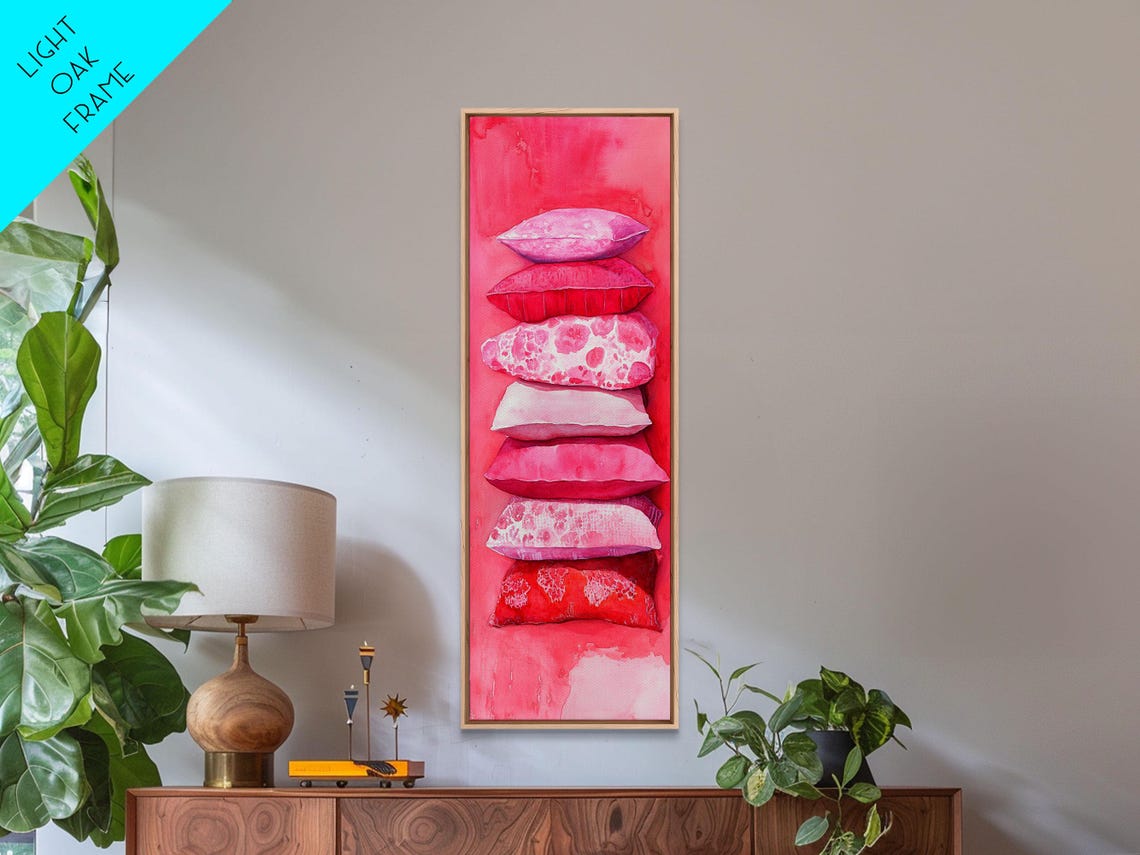 Pink Pillows Stack Print Cozy Cottagecore Bedroom Art Light Pink Whimsical Skinny Wall Art Rustic Vertical Living Room Artwork - Image 2