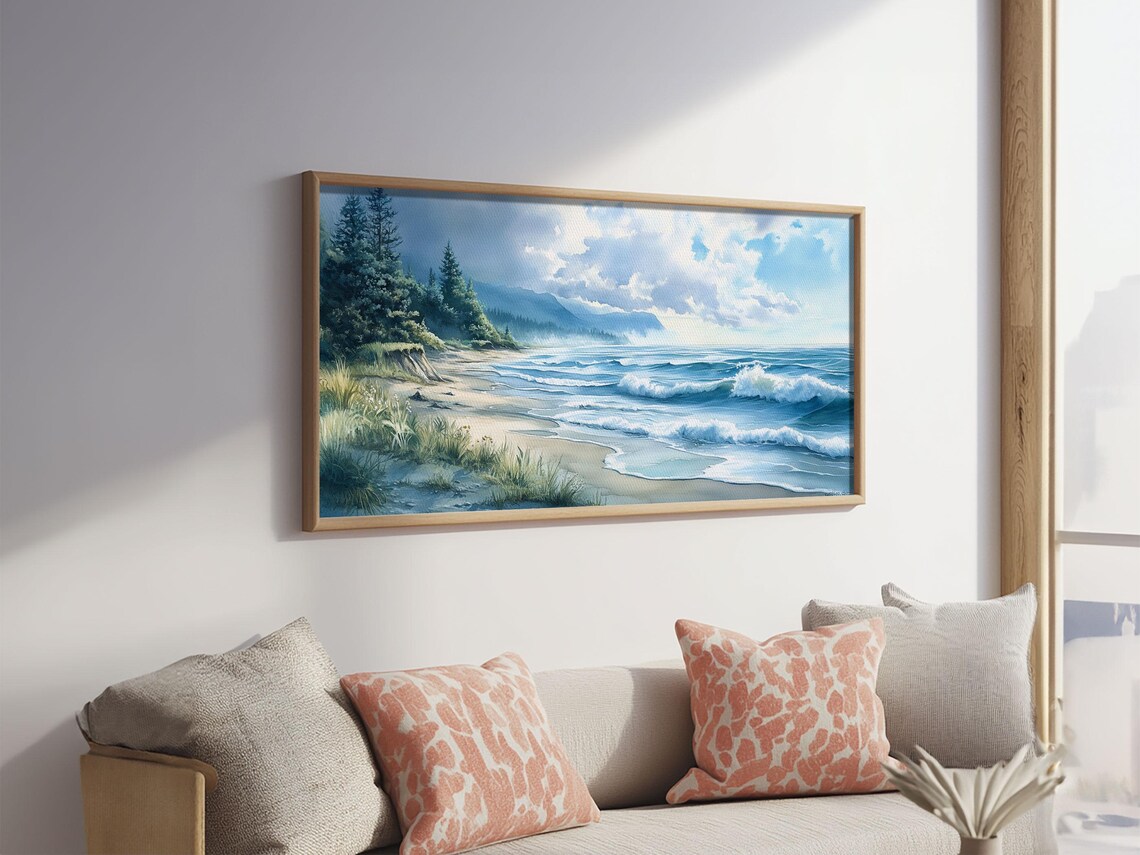 Misty Coastal Morning Seascape Painting Waves Pine Forest Beach Art Poster - Image 6
