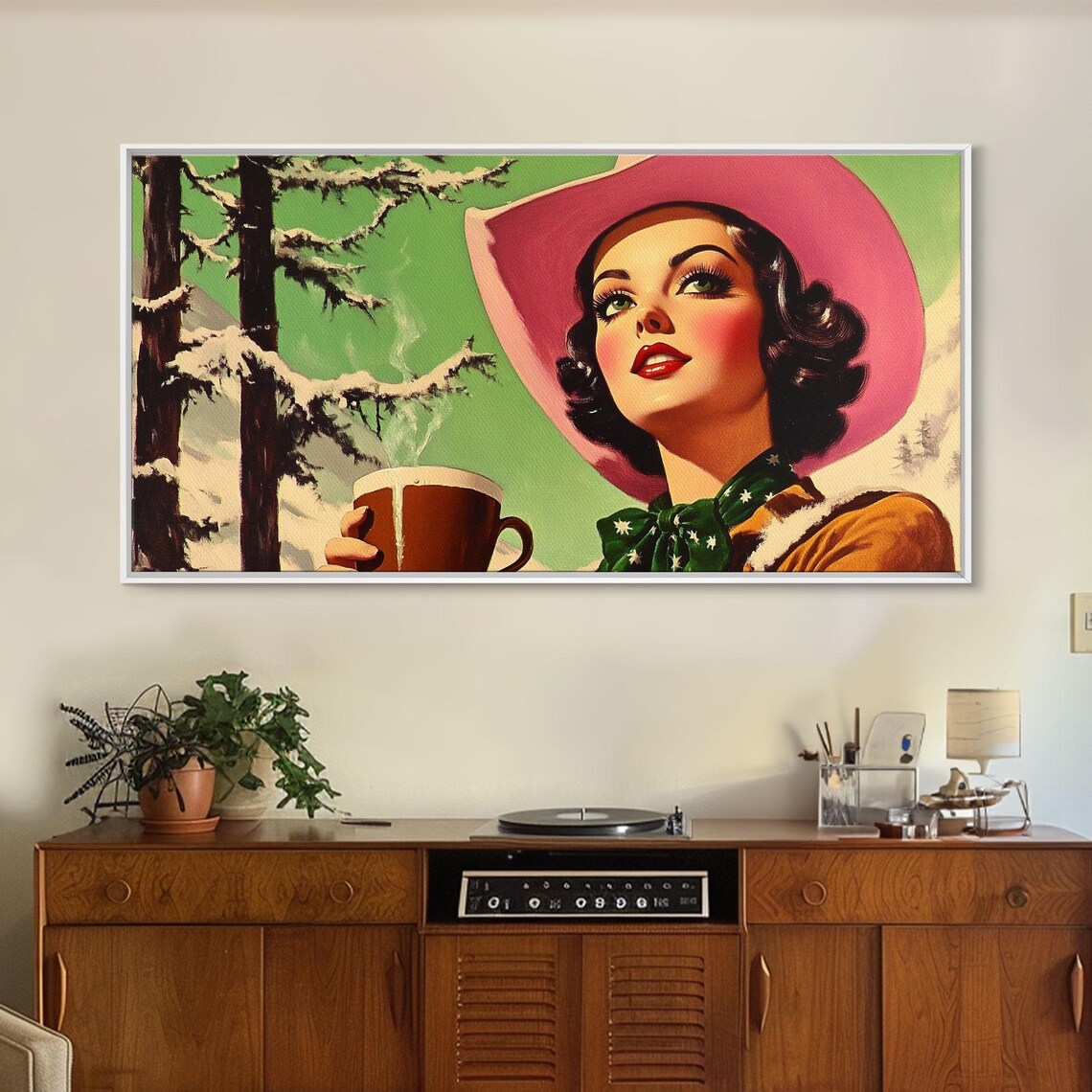 Retro 1950s Pinup Cowgirl With Cocoa Mug Snowy Pines Vintage Poster - Image 6