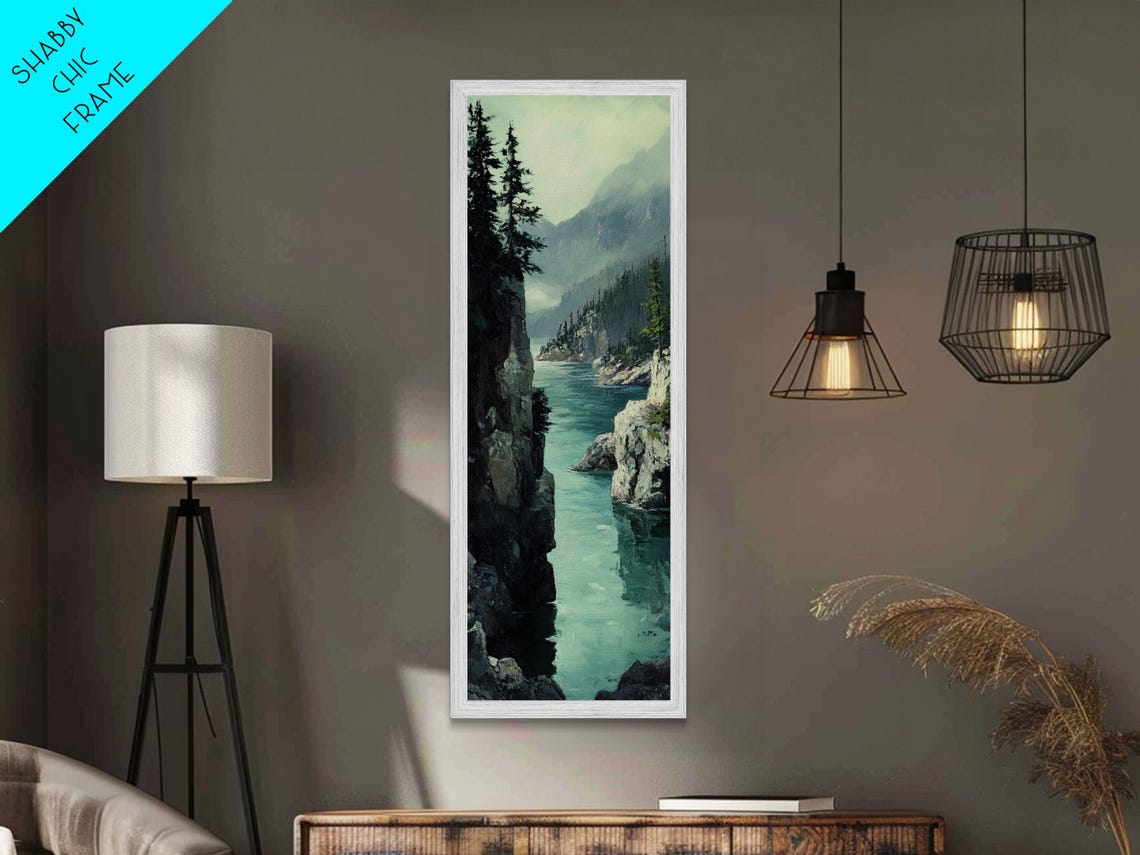Misty Fjord Turquoise Water Rocky Cliffs Pine Landscape Print