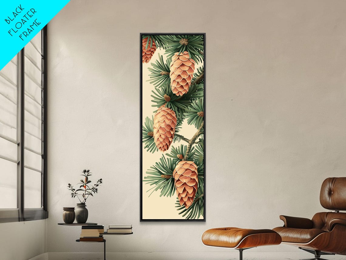 Golden Pinecones On Green Pine Needles Vintage Botanical Wall Art - Image 6