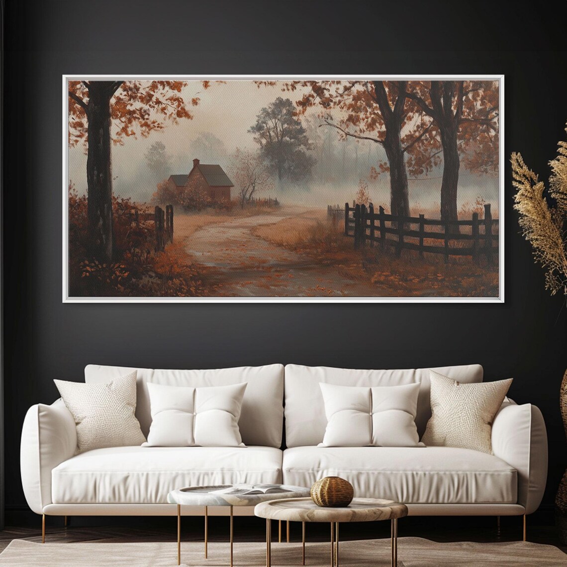 Misty Autumn Farm Road Leading To Red Barn Foggy Morning Art Poster - Image 5
