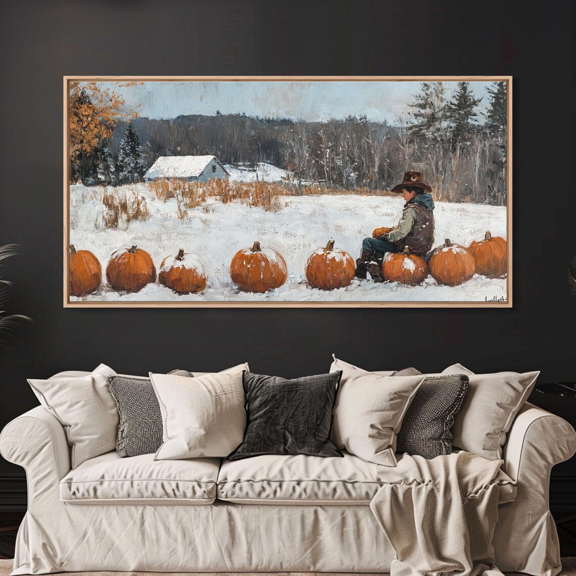 Cowboy Sipping Coffee Autumn Decor Framed Print Perfect Above Sofa Wall Art Western Home Decor Moody Fall Artwork Rustic