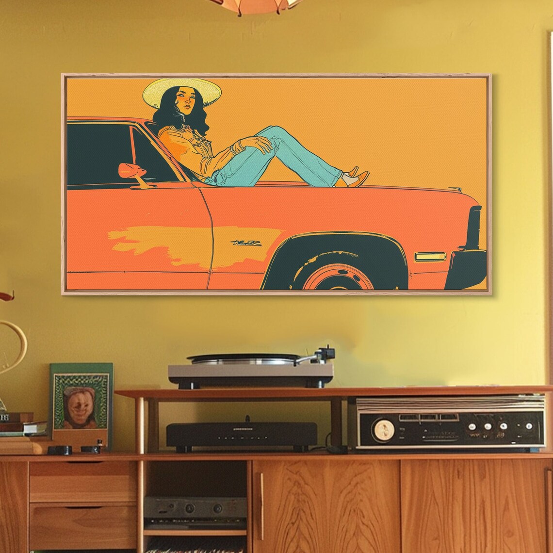 Retro Cowgirl Sitting On Orange Classic Car Hood Pop Art Poster - Image 4