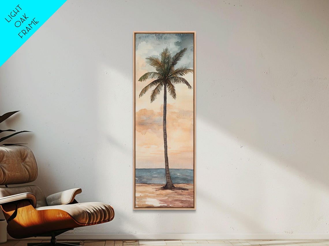 Tropical Palm Tree Sunset Beach Ocean Waves Watercolor Wall Art - Image 6