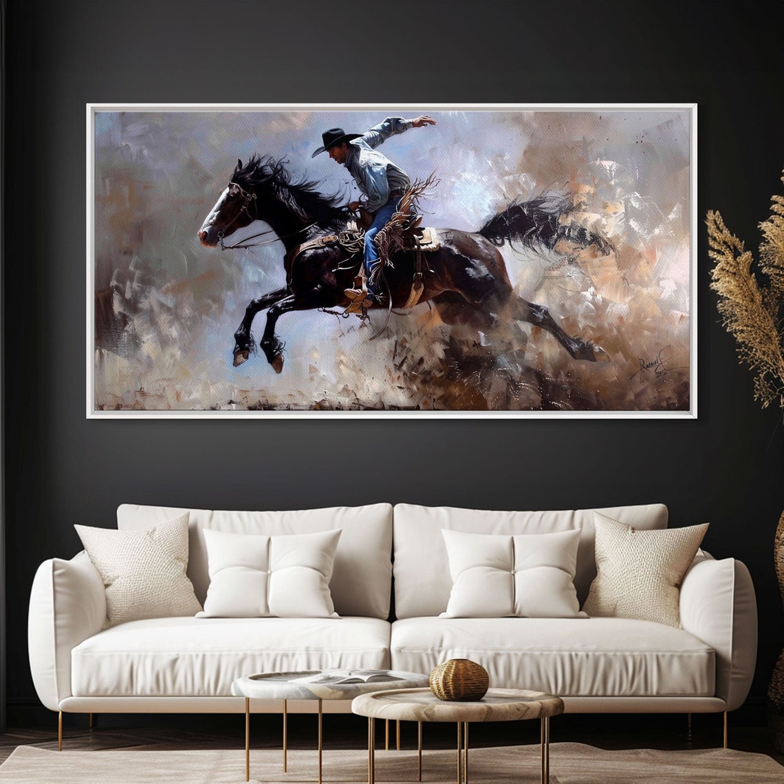 Cowboy Riding Rearing Dark Horse Dust Cloud Dynamic Western Action Art
