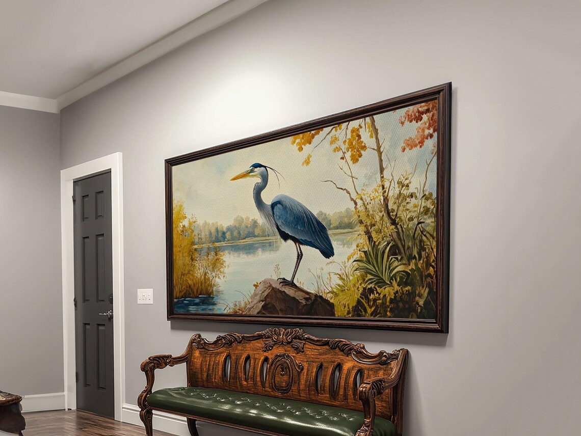 Blue Heron On Rock By Autumn Lake Bird Painting Wall Art Print - Image 2