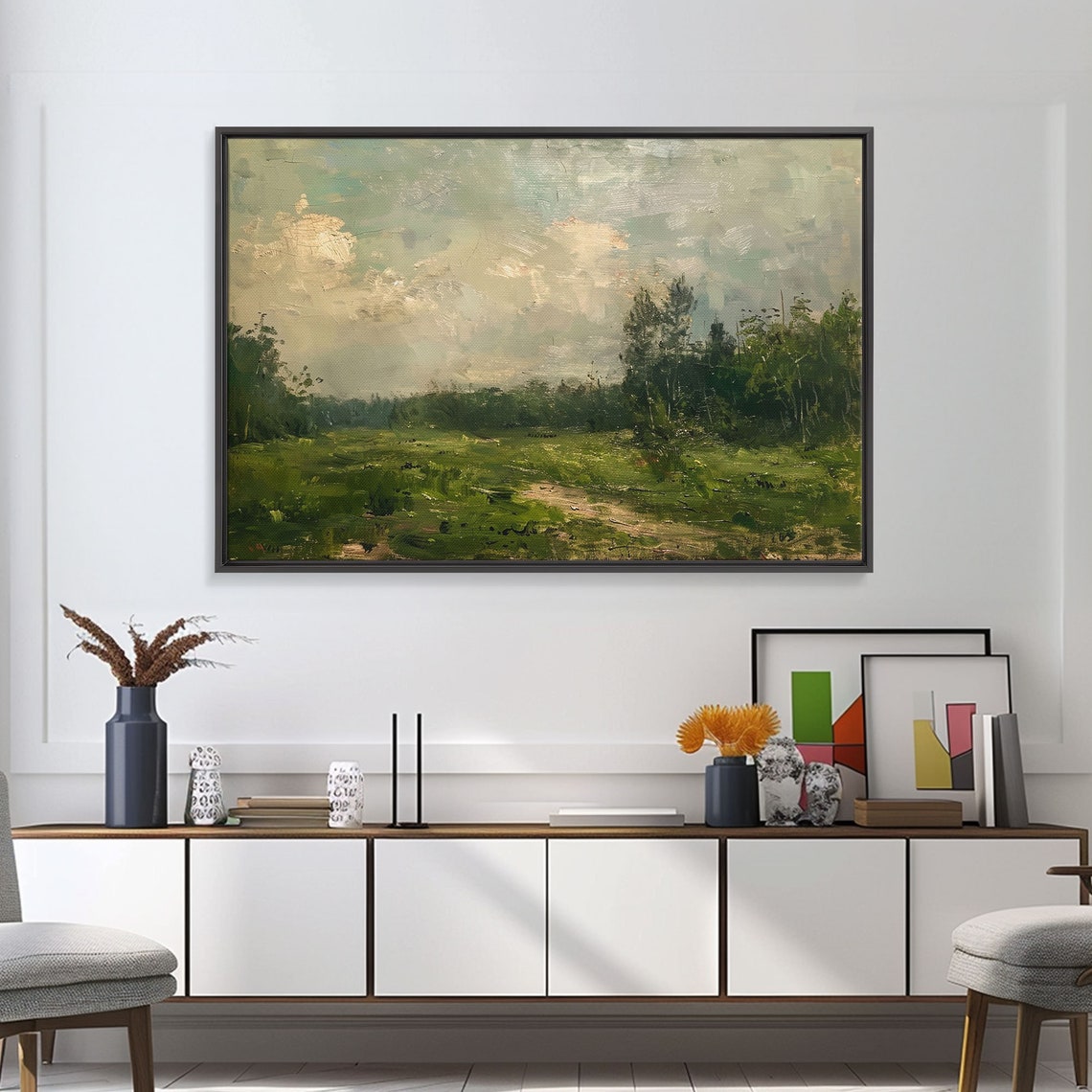 Serene Green Meadow Path Cloudy Sky Impressionist Oil Painting Print - Image 3