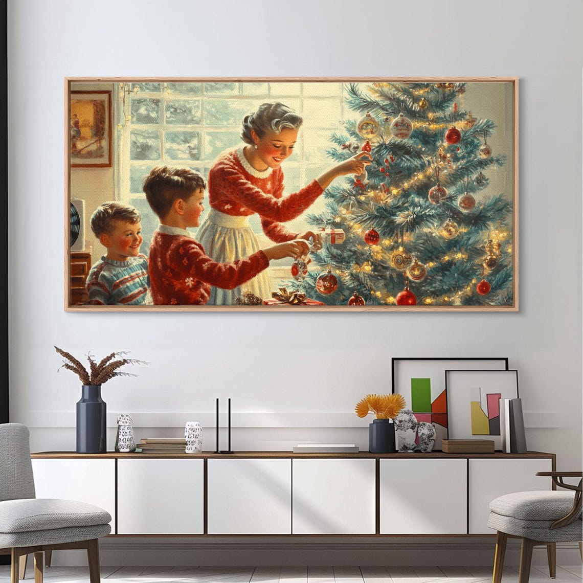 Vintage Family Decorating The Christmas Tree Together Art Print - Image 3