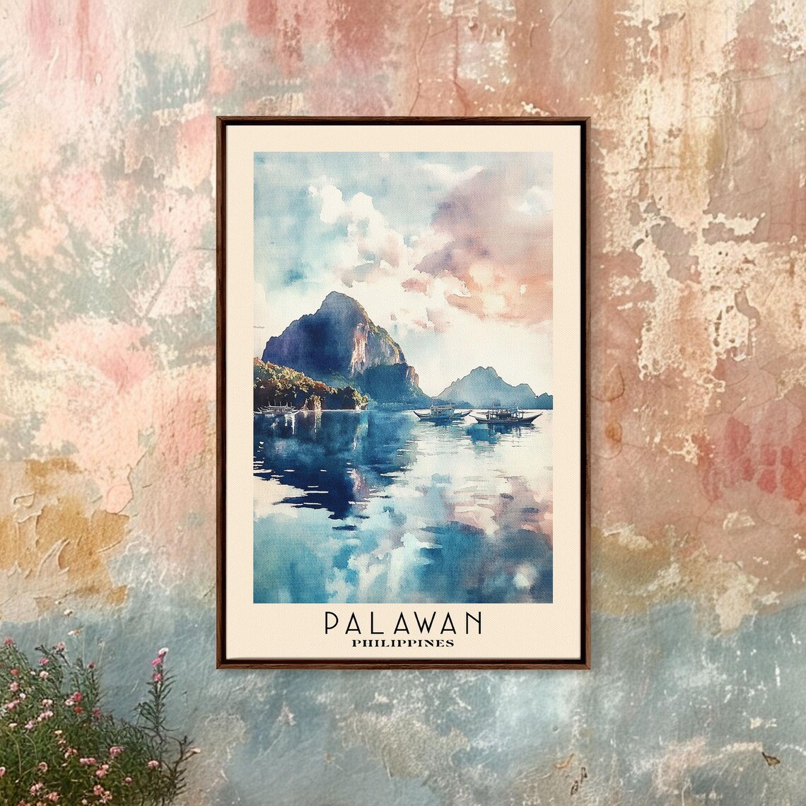 Palawan Philippines Limestone Karst Cliffs Boats Calm Lagoon Travel Poster