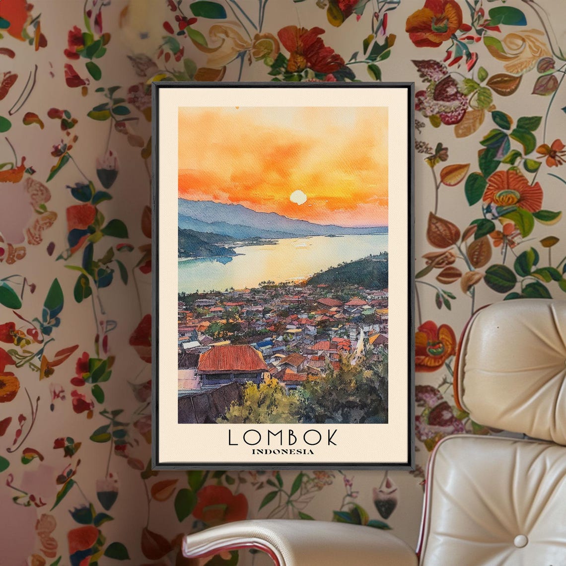 Lombok Indonesia Sunset Coastal Town Bay Mountain View Travel Poster - Image 3