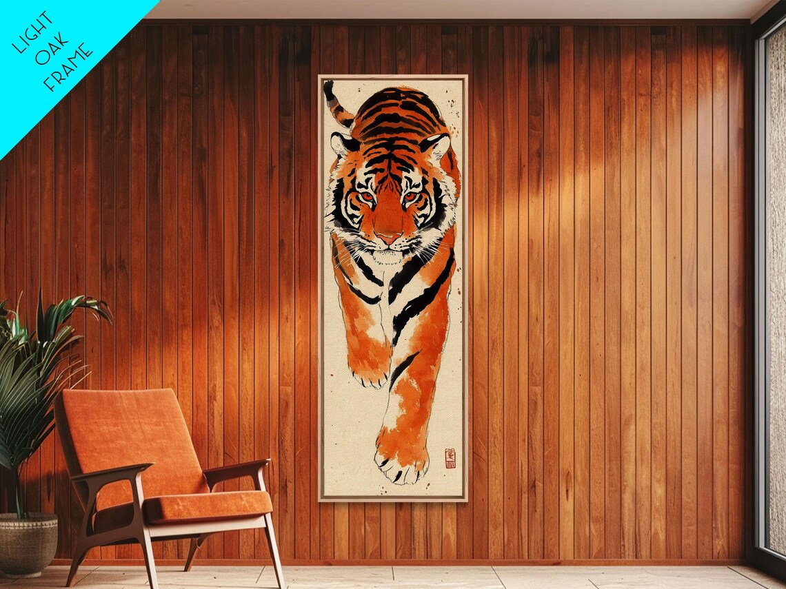 Bold Orange Tiger Striding Forward Intense Gaze Ink Watercolor Art Poster - Image 3
