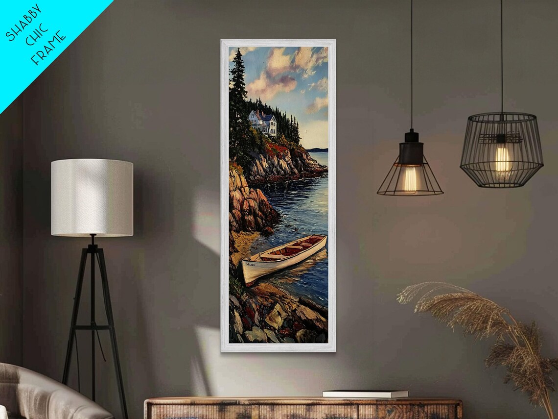 Coastal Cliff Cottage Rowboat Harbor Ocean Landscape Wall Art - Image 6