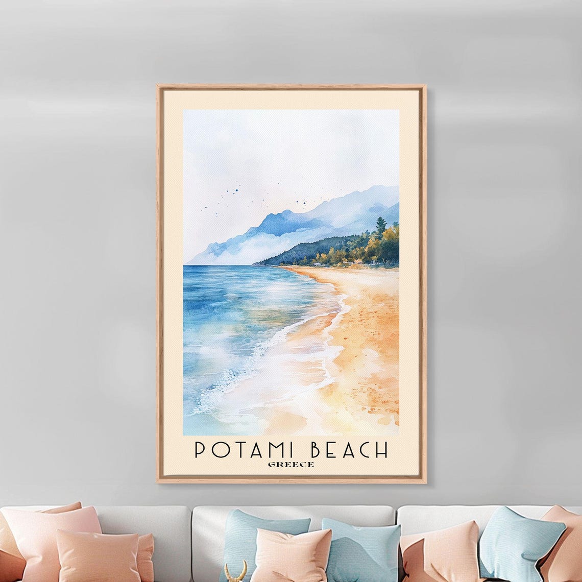 Potami Beach Greece Golden Sand Curve Blue Sea Mountain View Poster - Image 3