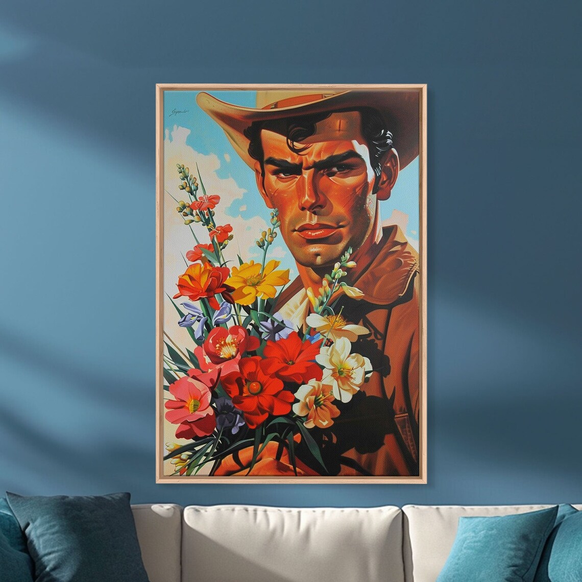 Cowboy Holding Bouquet Of Wildflowers Western Portrait Art Poster - Image 4