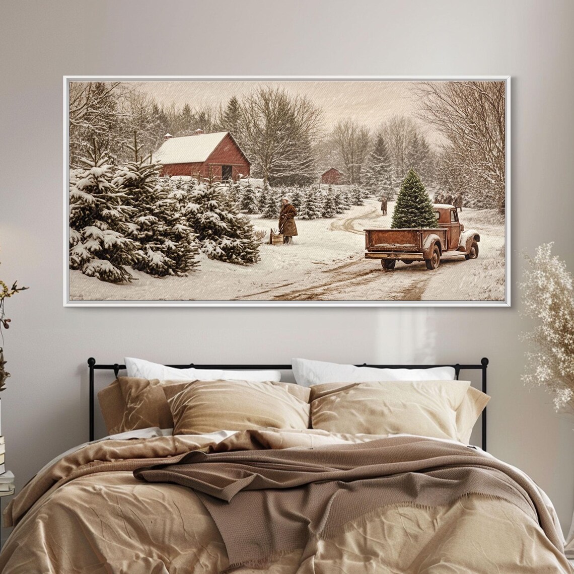 Vintage Christmas Tree Farm Truck Red Barn Snowy Sepia Wall Art - Image 4