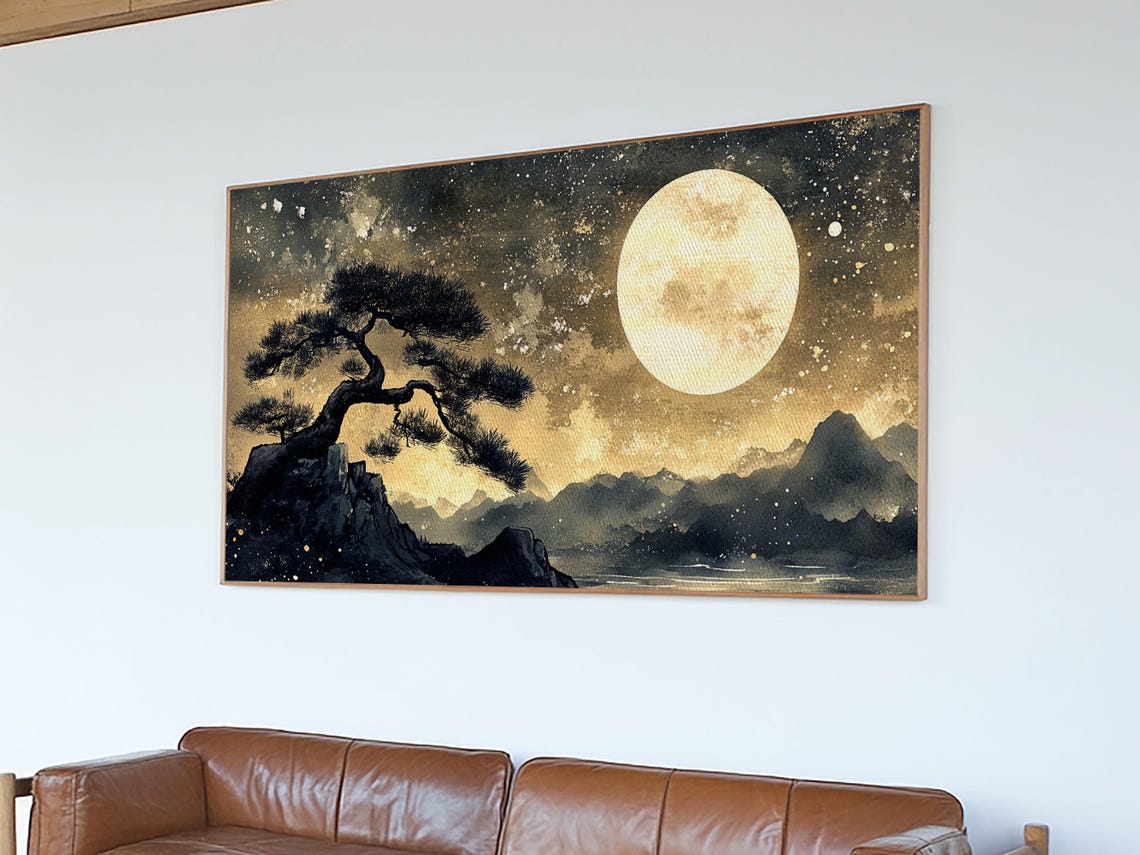 Bonsai Pine Under Full Moon Starry Gold Night Japanese Painting Print - Image 3