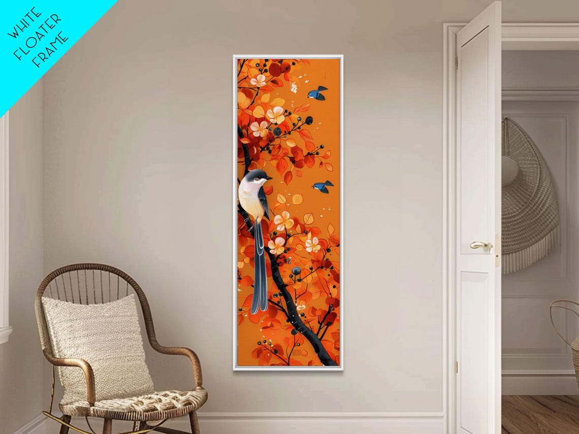 Birds Among Orange Autumn Leaves Blossom Branch Tall Art Poster - Image 5