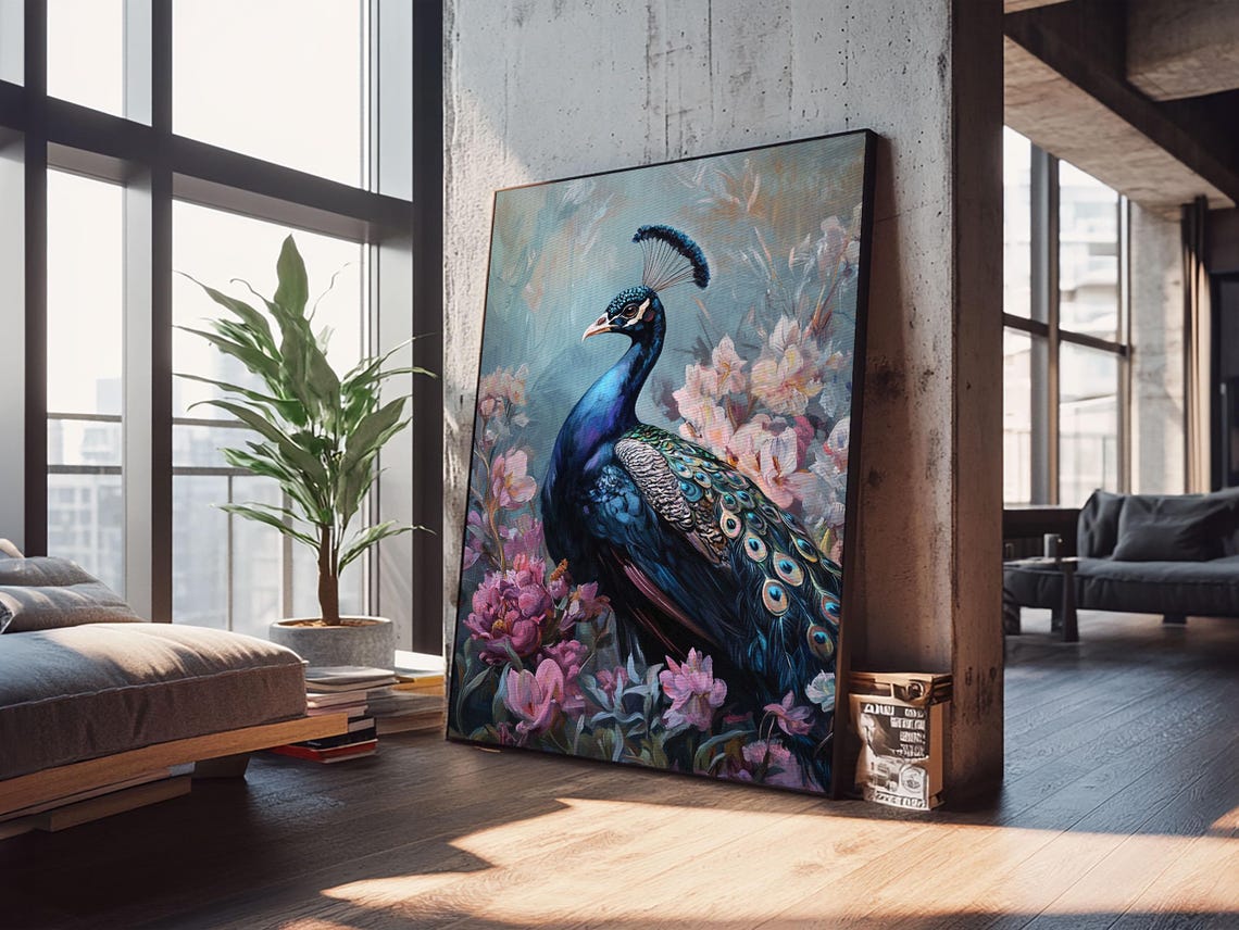 Peacock Pink Blossoms Botanical Bird Chinoiserie Elegant Floral Poster