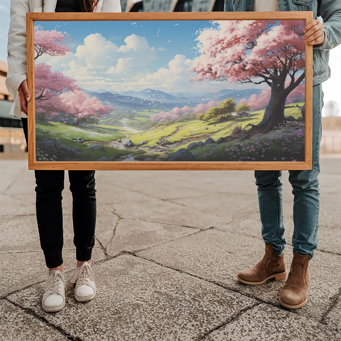 Cherry Blossom Valley Mountain Stream Spring Landscape Art Poster - Image 5