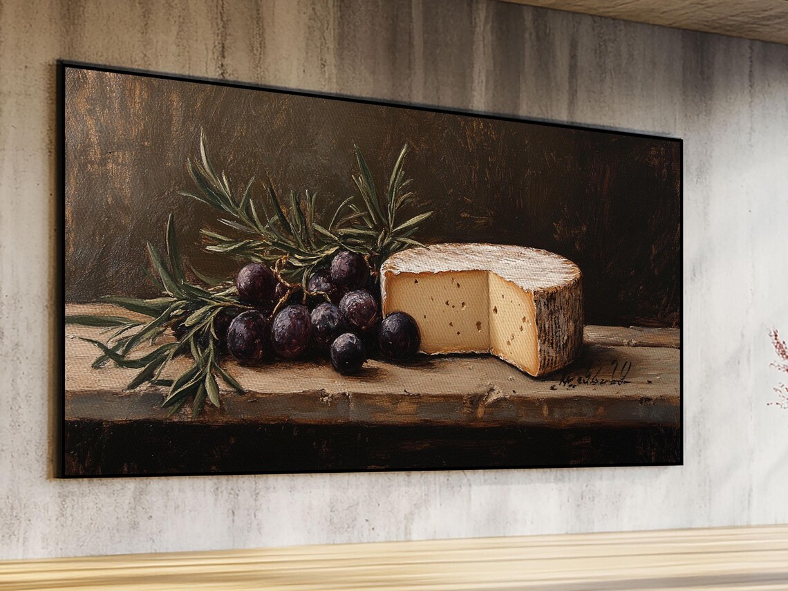 Cheese Wheel Figs Rosemary Rustic Table Vintage Oil Painting Print - Image 3
