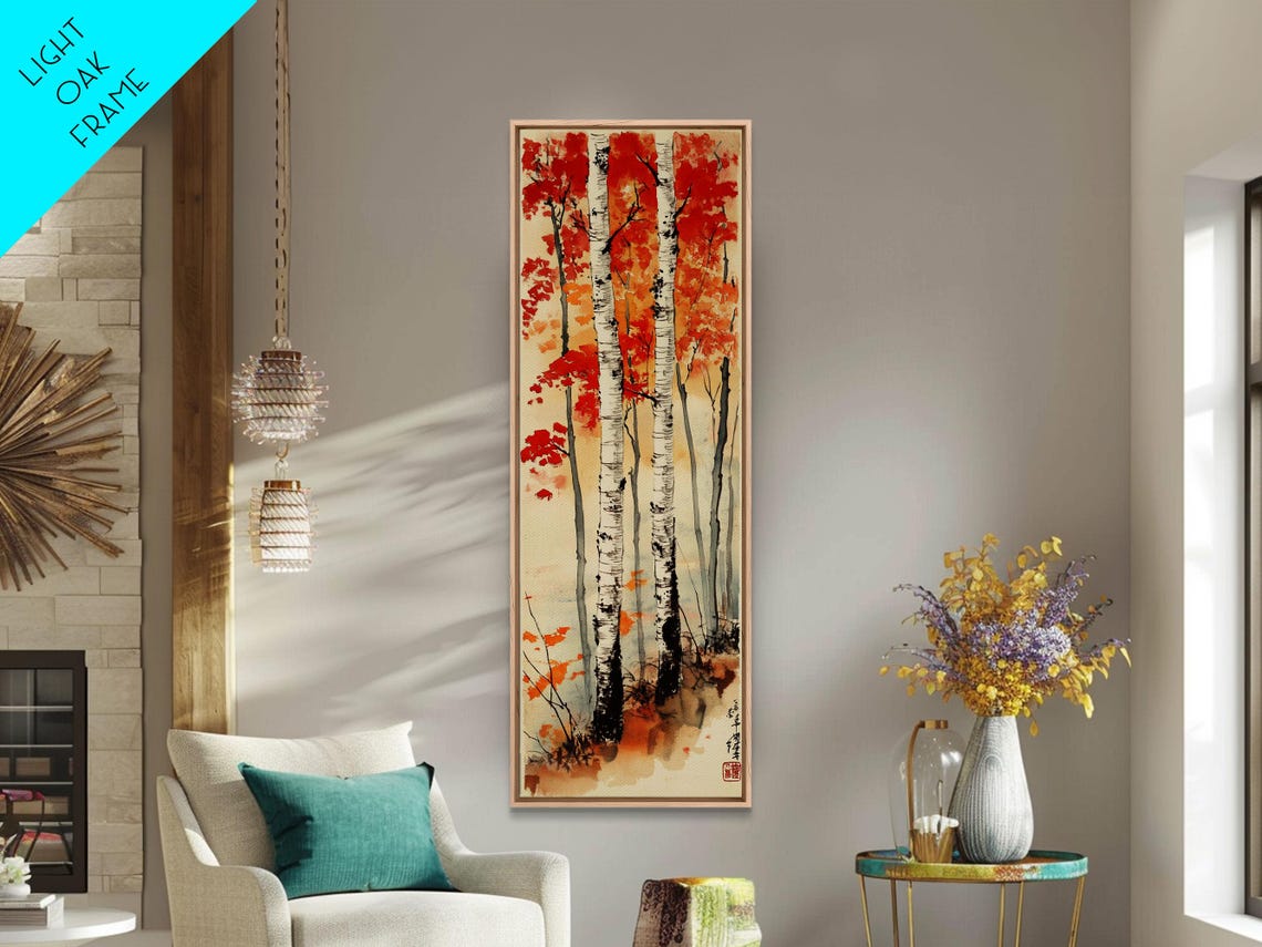 Japanese Birch Trees Autumn Red Leaves Traditional Ink Art Poster - Image 3