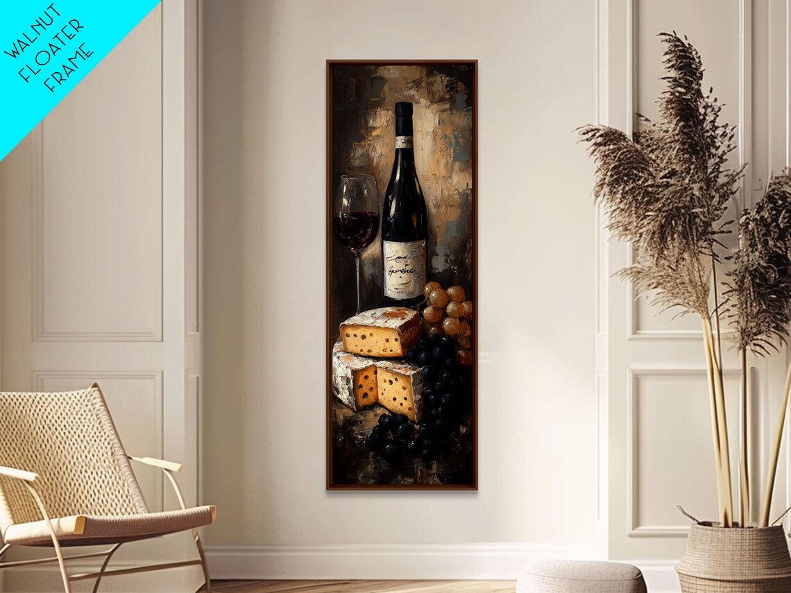 Red Wine Bottle Glass Cheese Grapes Moody Oil Painting Wall Art - Image 4