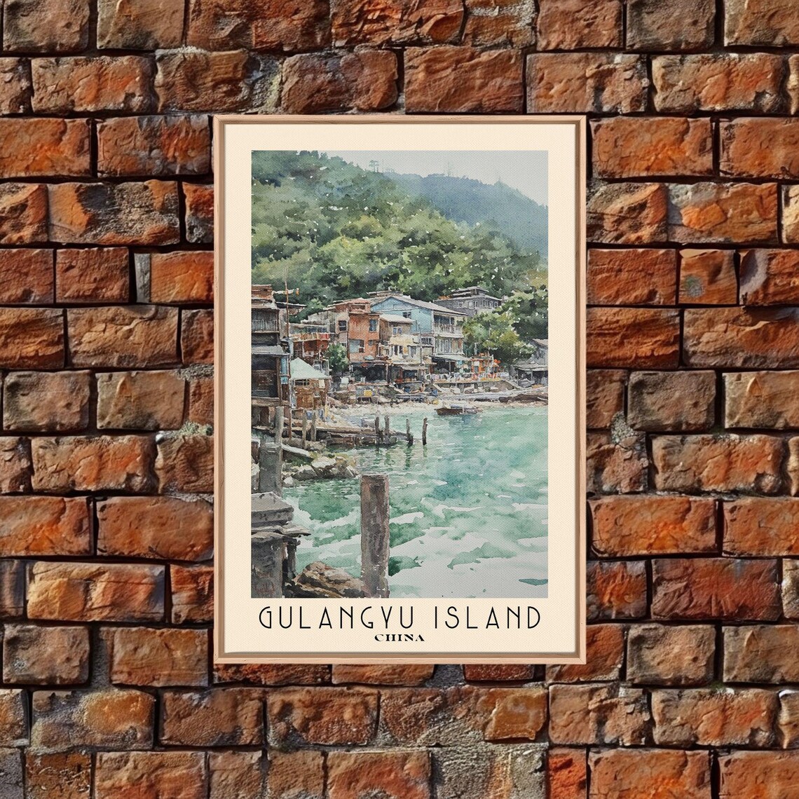 Gulangyu Island China Waterfront Village Green Hills Watercolor Poster - Image 5