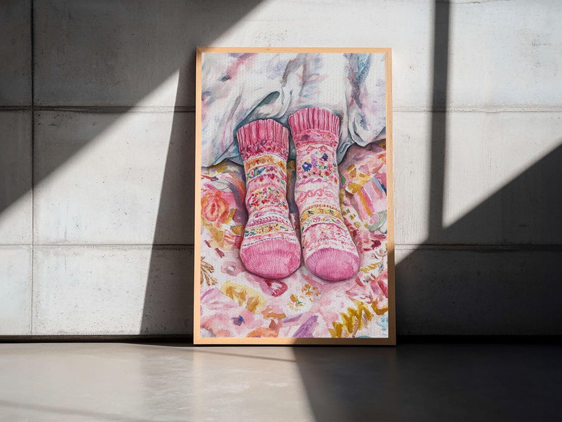 Cozy Pink Socks Watercolor Patterned Knit Winter Bedroom Art Poster - Image 3