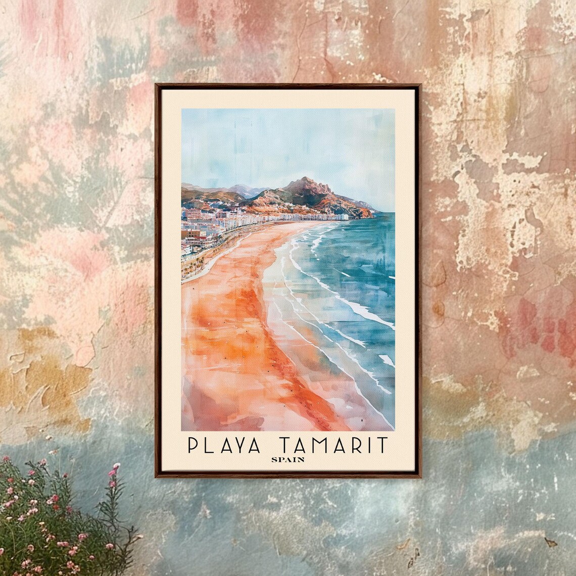 Playa Tamarit Spain Pink Sand Beach Teal Surf Watercolor Travel Poster