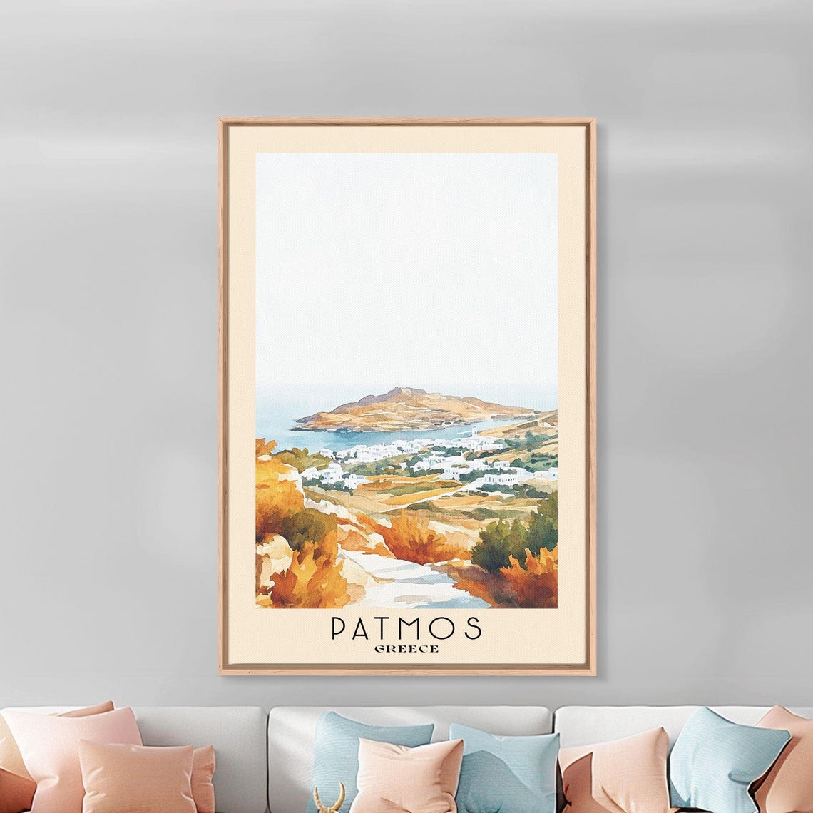 Patmos Greece White Town Island Bay Orange Shrub View Poster - Image 3