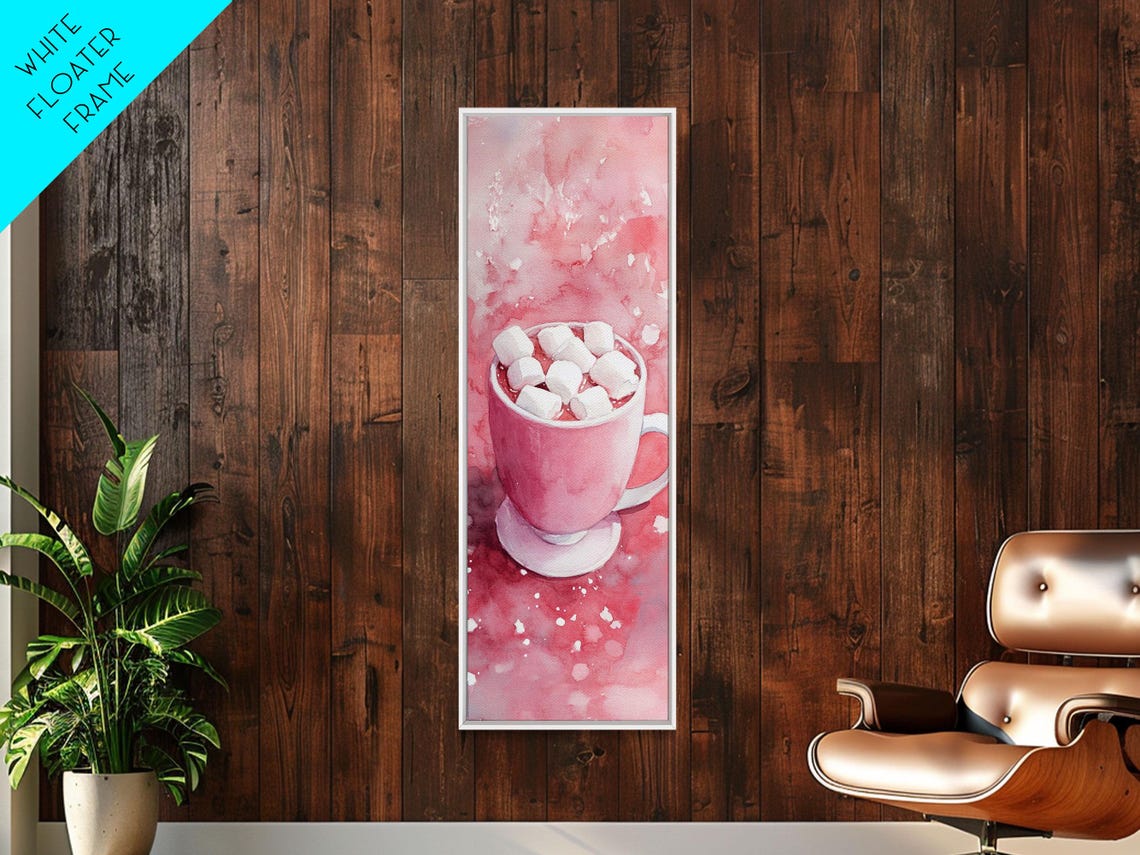 Pink Hot Cocoa Mug With Marshmallows Watercolor Cozy Winter Wall Art - Image 6