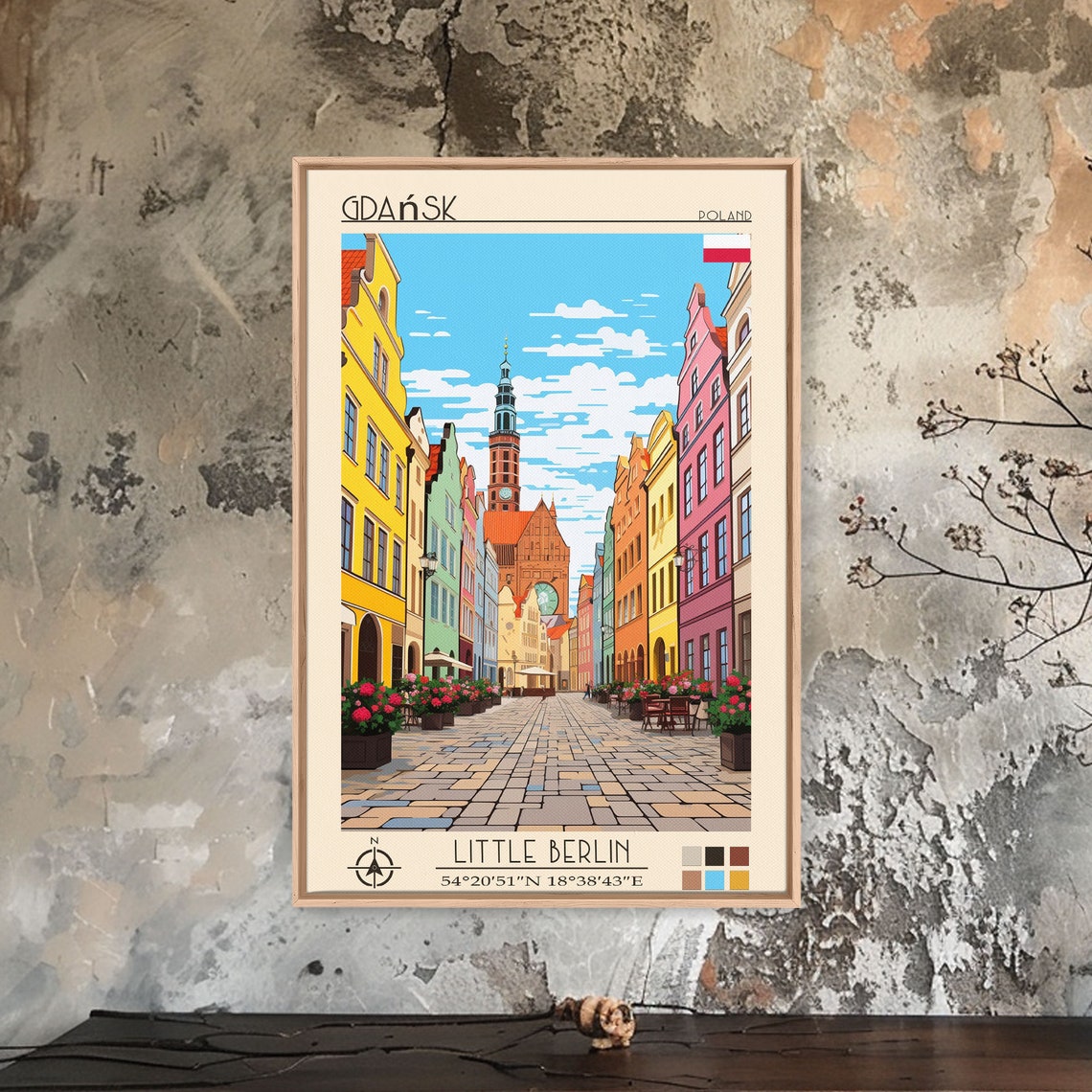 Gdansk Poland Colorful Cobbled Street Flower Planters Tower Poster - Image 4