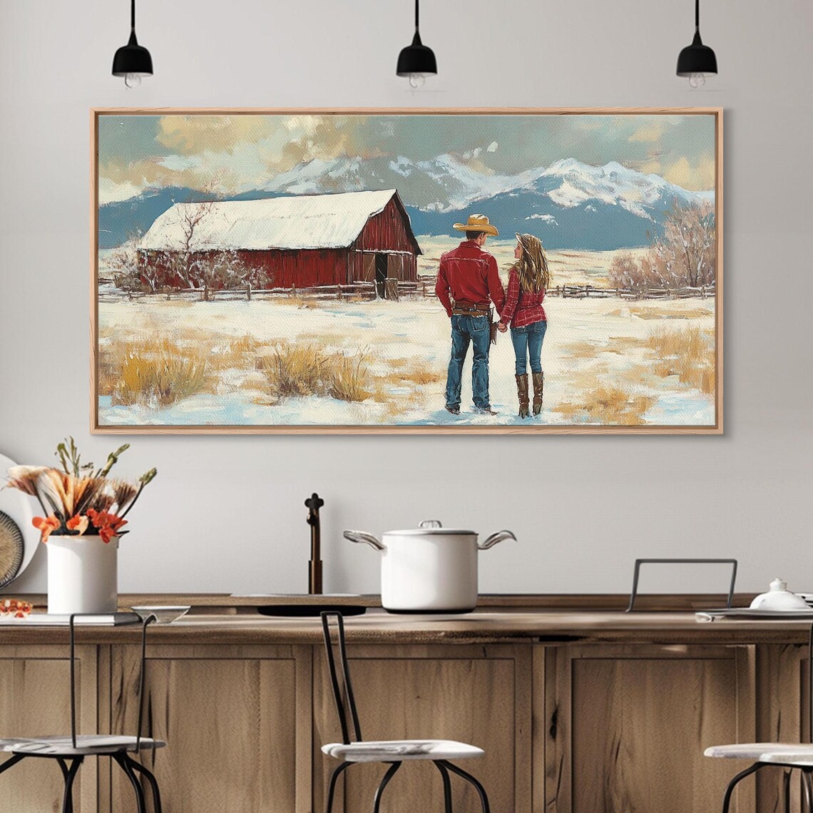 Country Couple Walking To Their Red Barn In Winter Snow Field Poster - Image 2