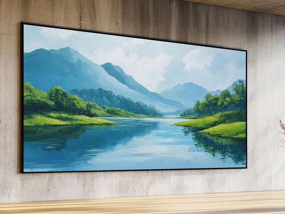 Blue Mountain Lake Misty Peaks Green Valley Calm Water Panoramic Wall Art