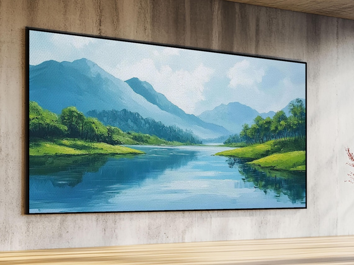Blue Mountain Lake Misty Peaks Green Valley Calm Water Panoramic Wall Art