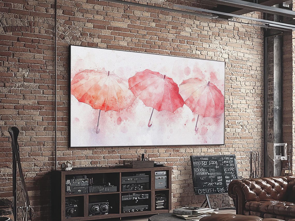 Three Pink Umbrellas Watercolor Whimsical Rainy Day Decor Poster - Image 3
