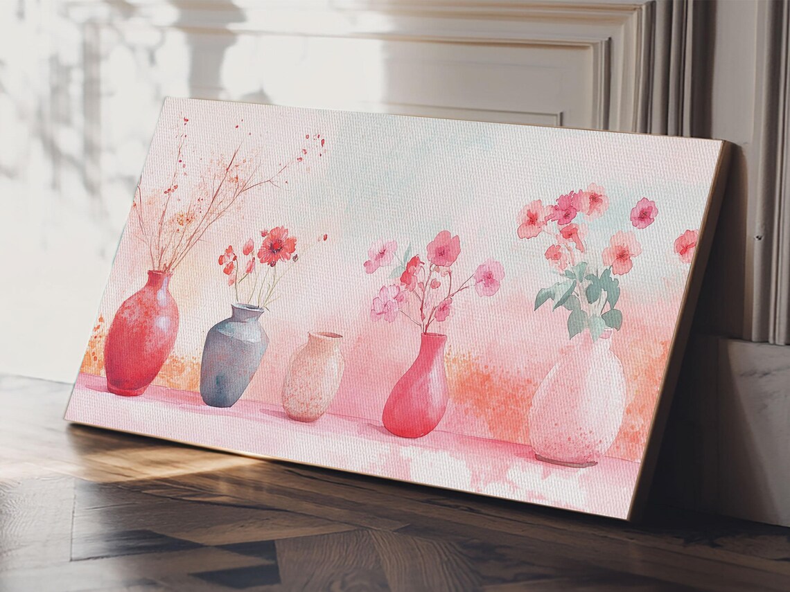 Pastel Vases Pink Flowers Watercolor Botanical Shelf Floral Poster