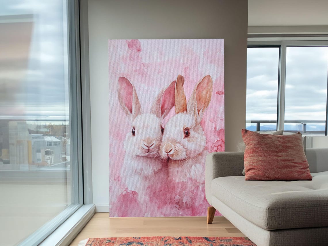 Two White Bunnies Cuddling Sweet Pink Watercolor Animal Wall Art - Image 4
