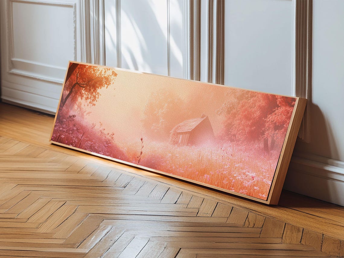 Misty Pink Cabin Autumn Forest Landscape Dreamy Cozy Wall Art