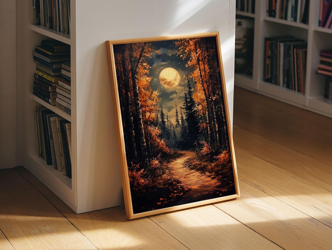 Haunted Autumn Forest Full Moon Path Spooky Eerie Night Halloween Art Poster - Image 6