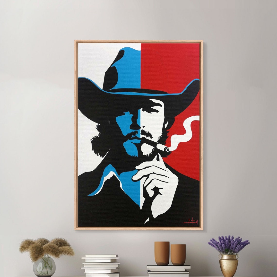 Cowboy Smoking Split Color Pop Art Red Blue Western Wall Art - Image 3